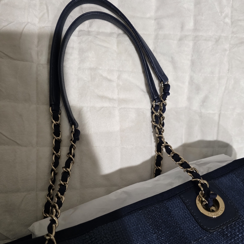 Chanel Mixed Fibers Striped Small Deauville Tote Navy Blue - Picture 12 of 16